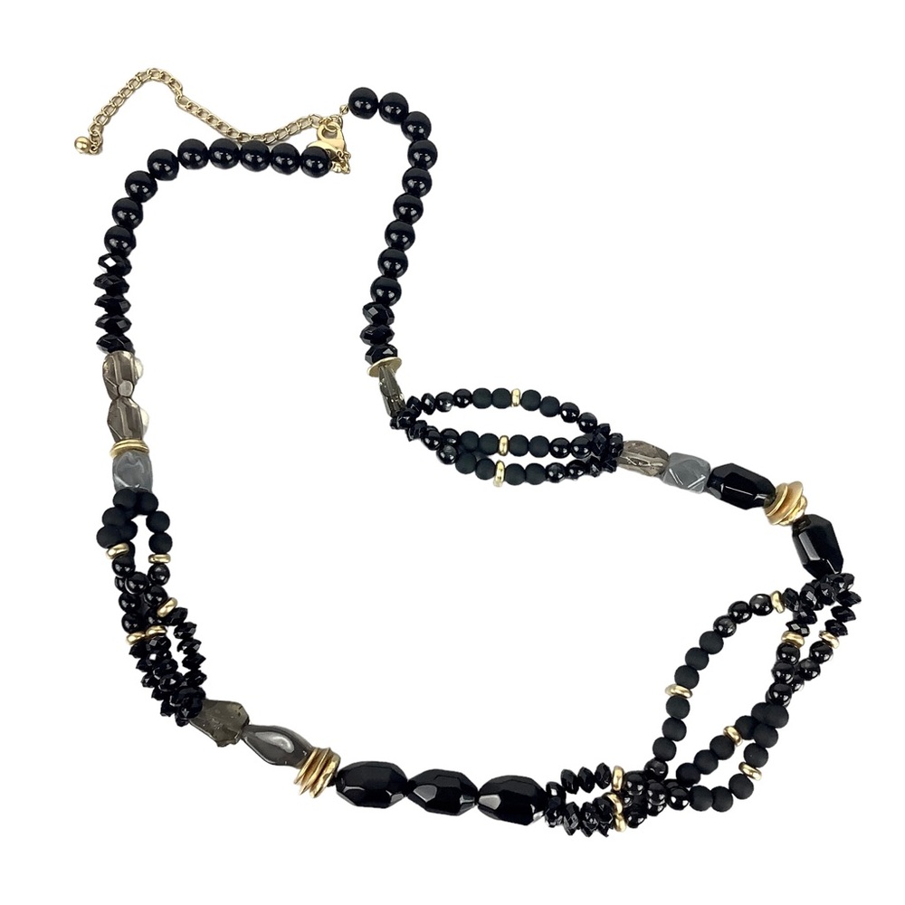 Chico’s Long Black and Gold tone Single Strand Beaded Necklace